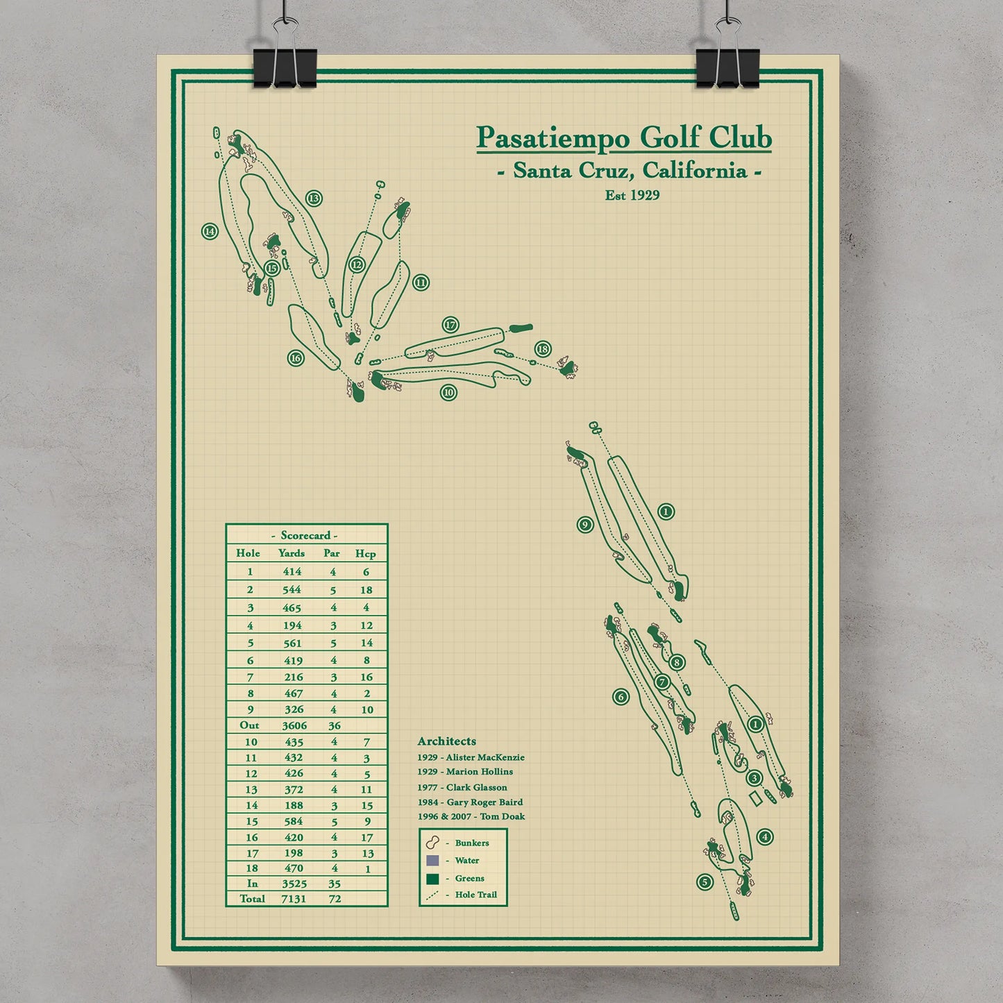 Golf course map of Pasatiempo Golf Club in Santa Cruz, California
