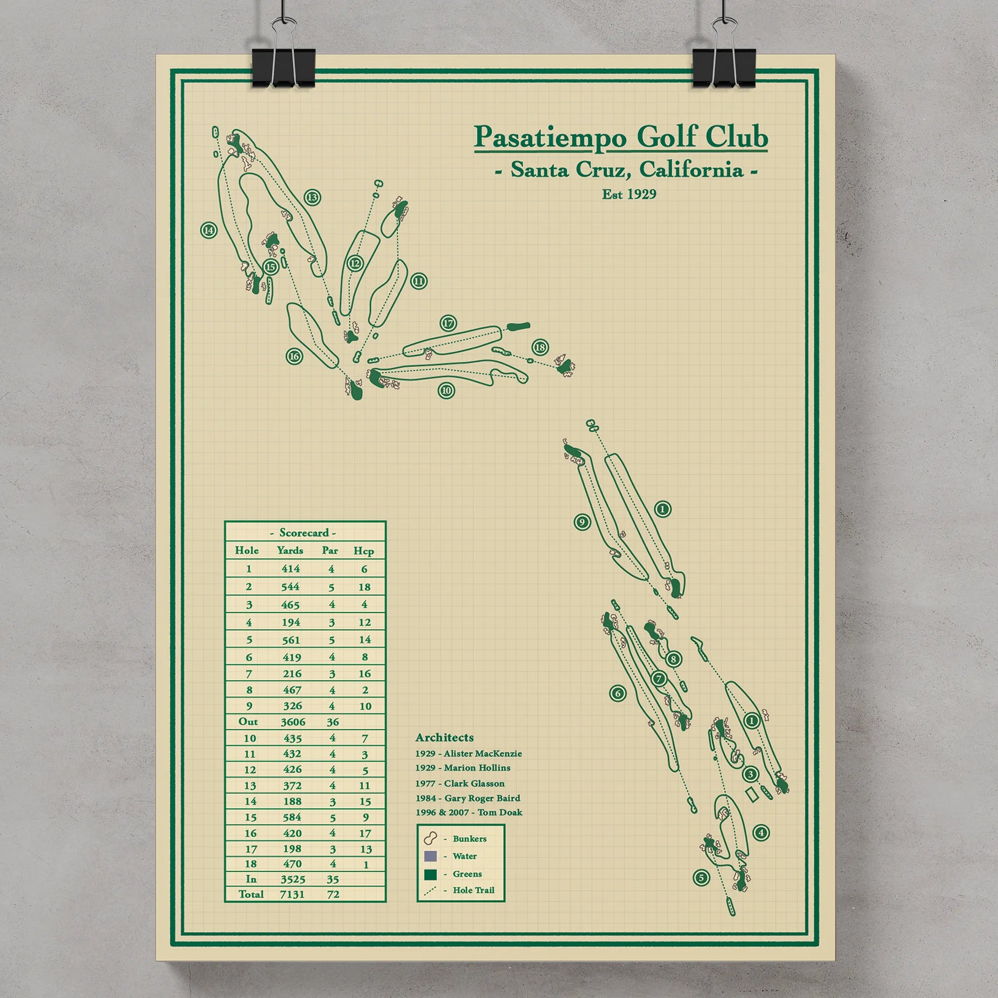 Golf course map of Pasatiempo Golf Club in Santa Cruz, California