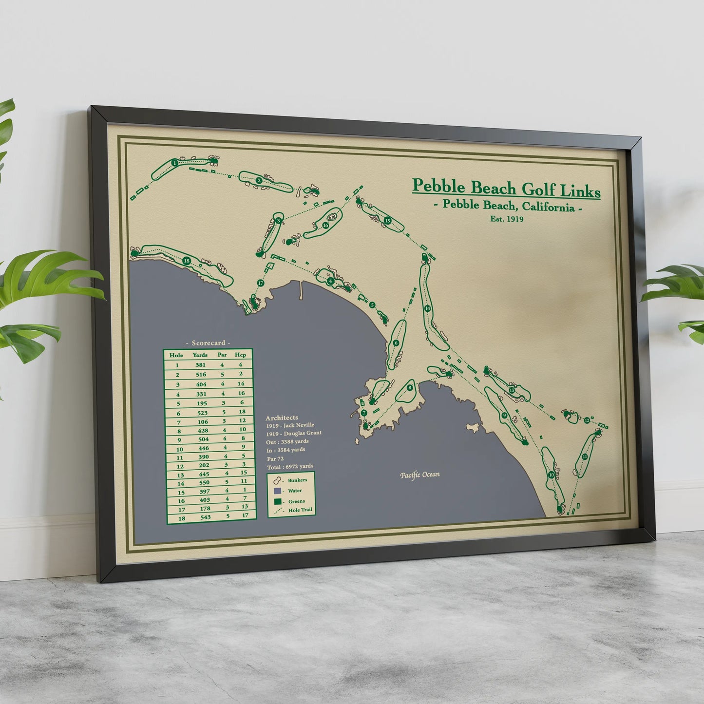 Framed Course map blueprint of Pebble Beach Golf Links, California