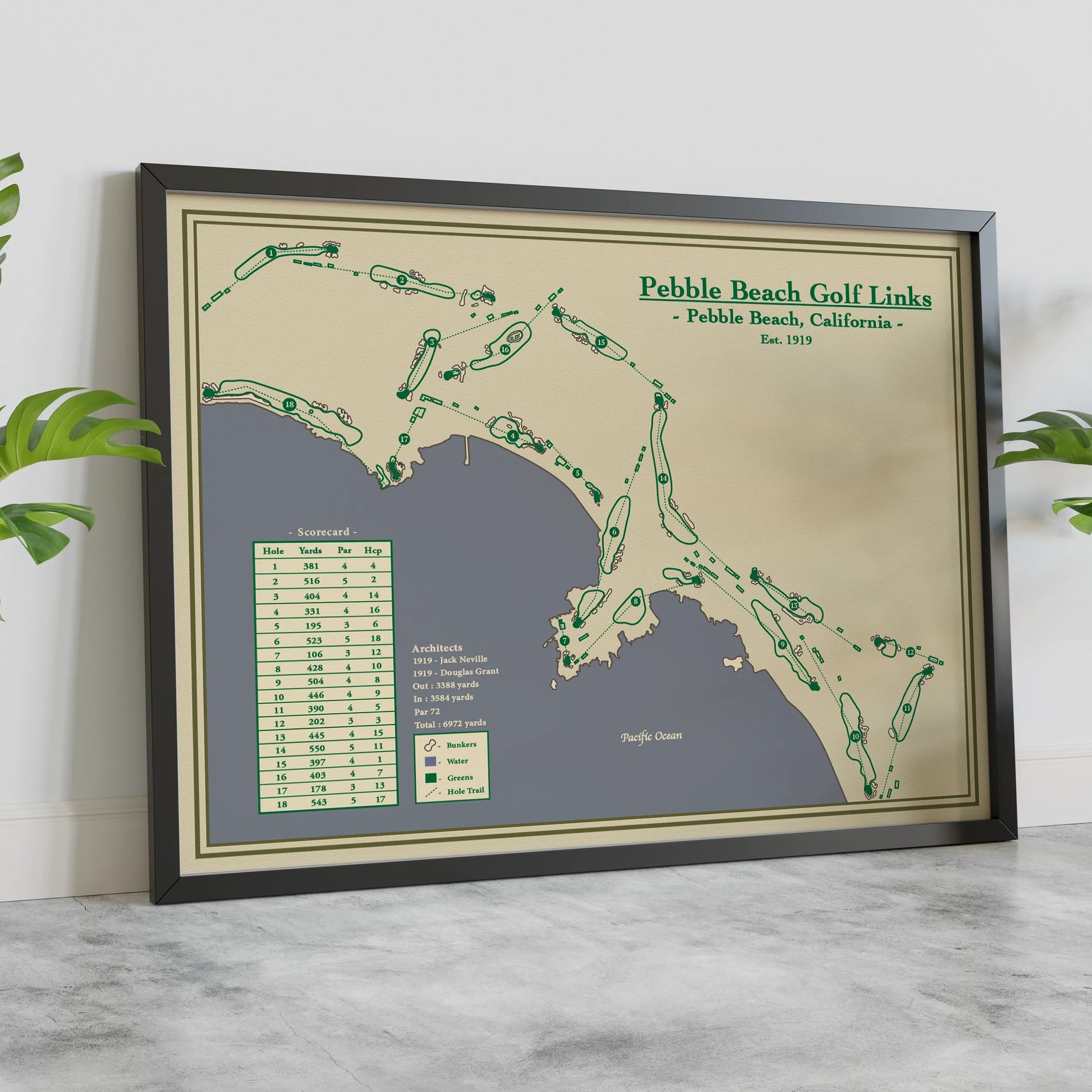 Framed Course map blueprint of Pebble Beach Golf Links, California