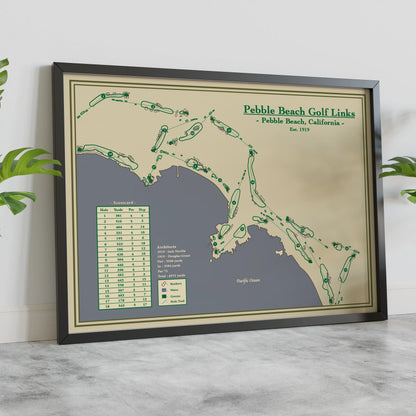 Framed Course map blueprint of Pebble Beach Golf Links, California