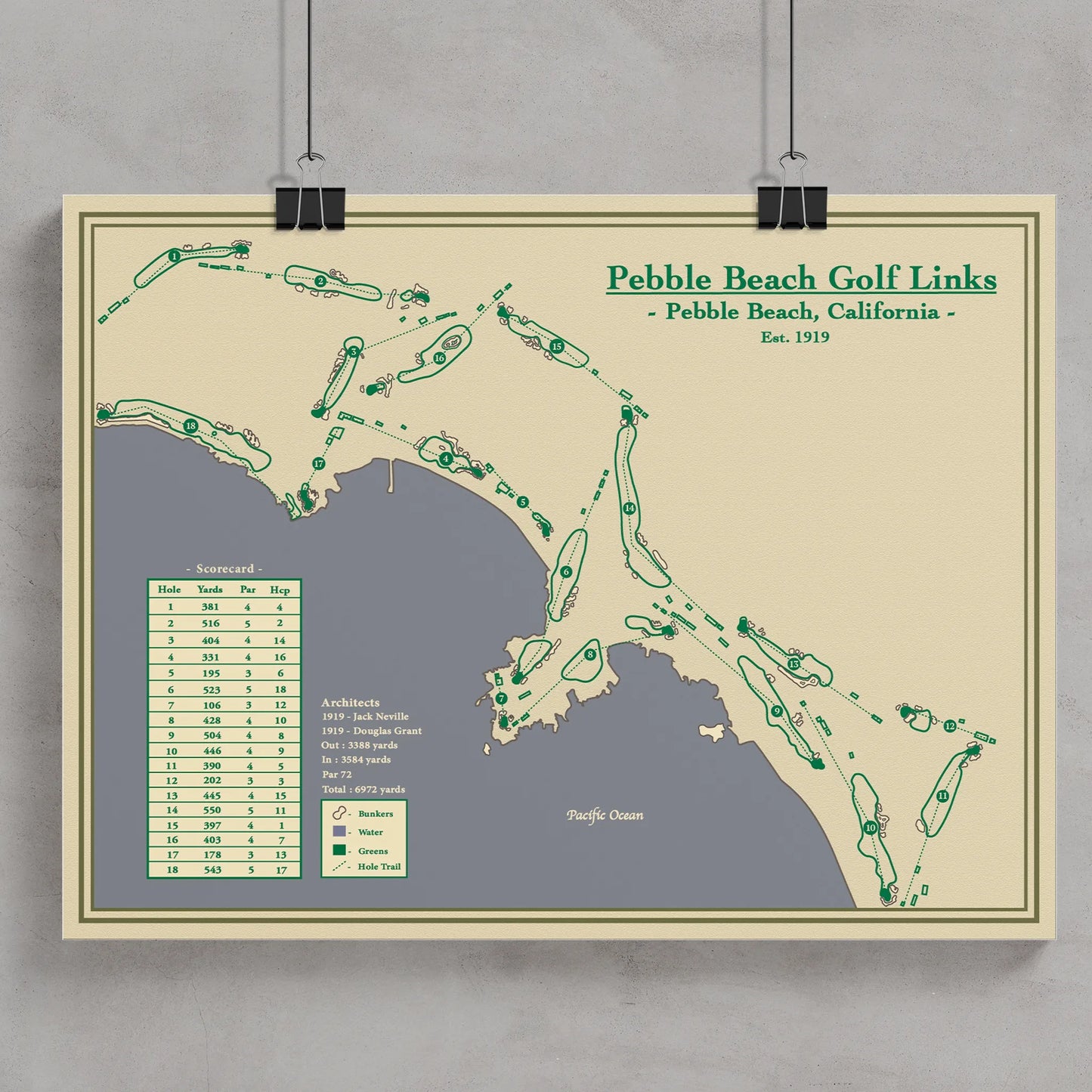 Pebble Beach Golf Links Course Blueprint Art designed by Lay of the Links