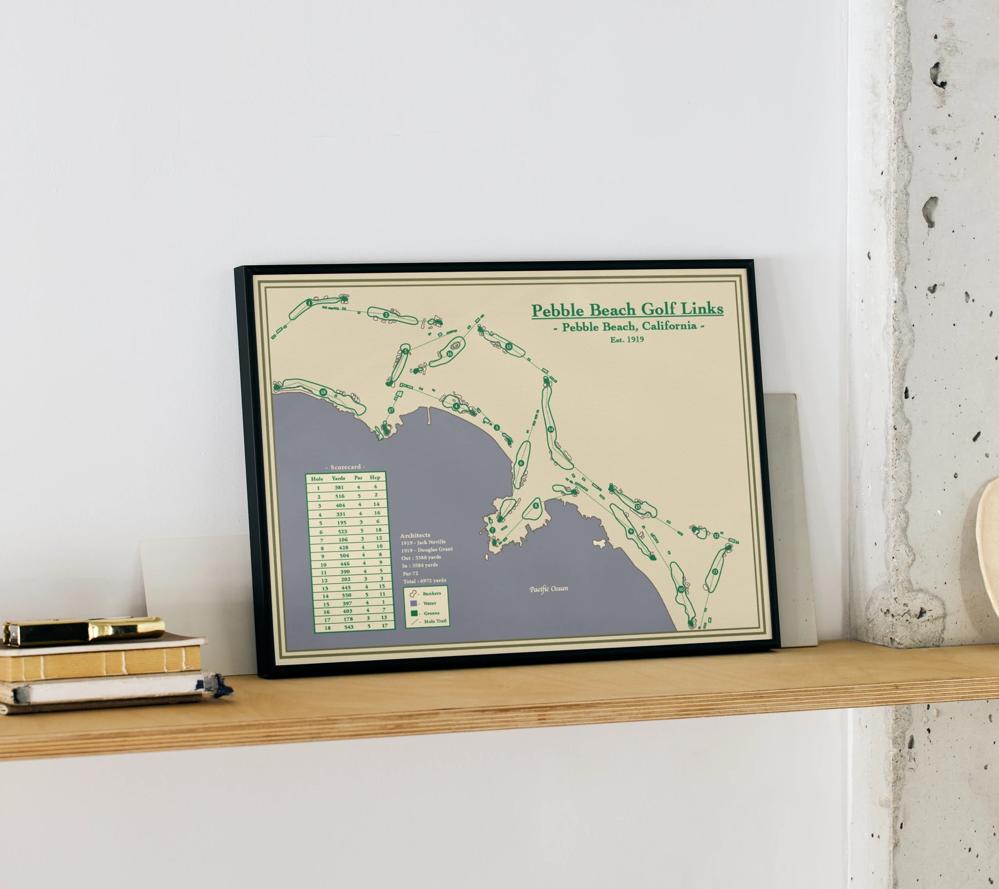 Course Map Print of Pebble Beach Golf Links host of the US Open & AT&T PGA tour event