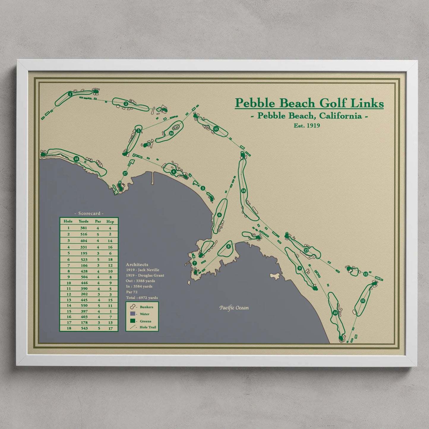 Framed map of Pebble Beach Golf Links with green and beige colors on a gray background