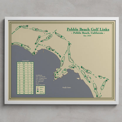 Framed map of Pebble Beach Golf Links with green and beige colors on a gray background