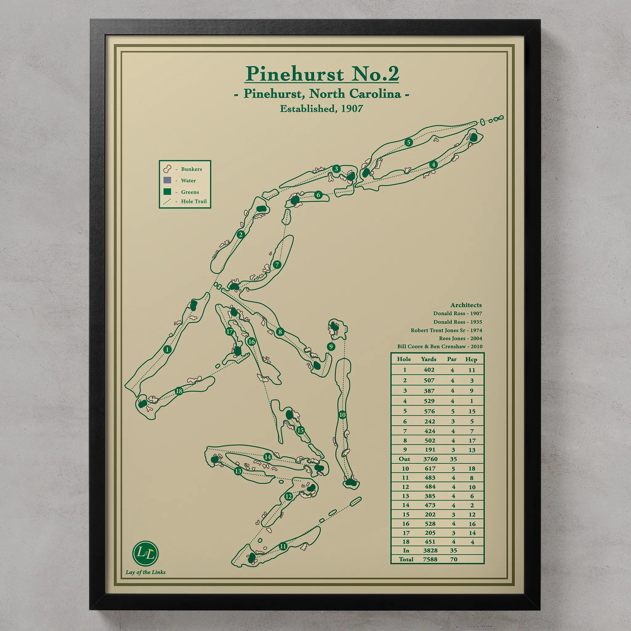 Pinehurst No 2 Course Map US Open Golf Venue Donald Ross Design Pinehurst No.2 Course Map Print US Open Black Frame.webp