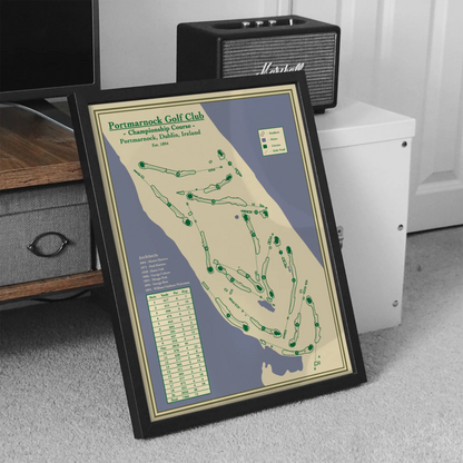 Framed Course Map of Portmarnock Golf Club on a desk with a Marshall speaker in the background.
