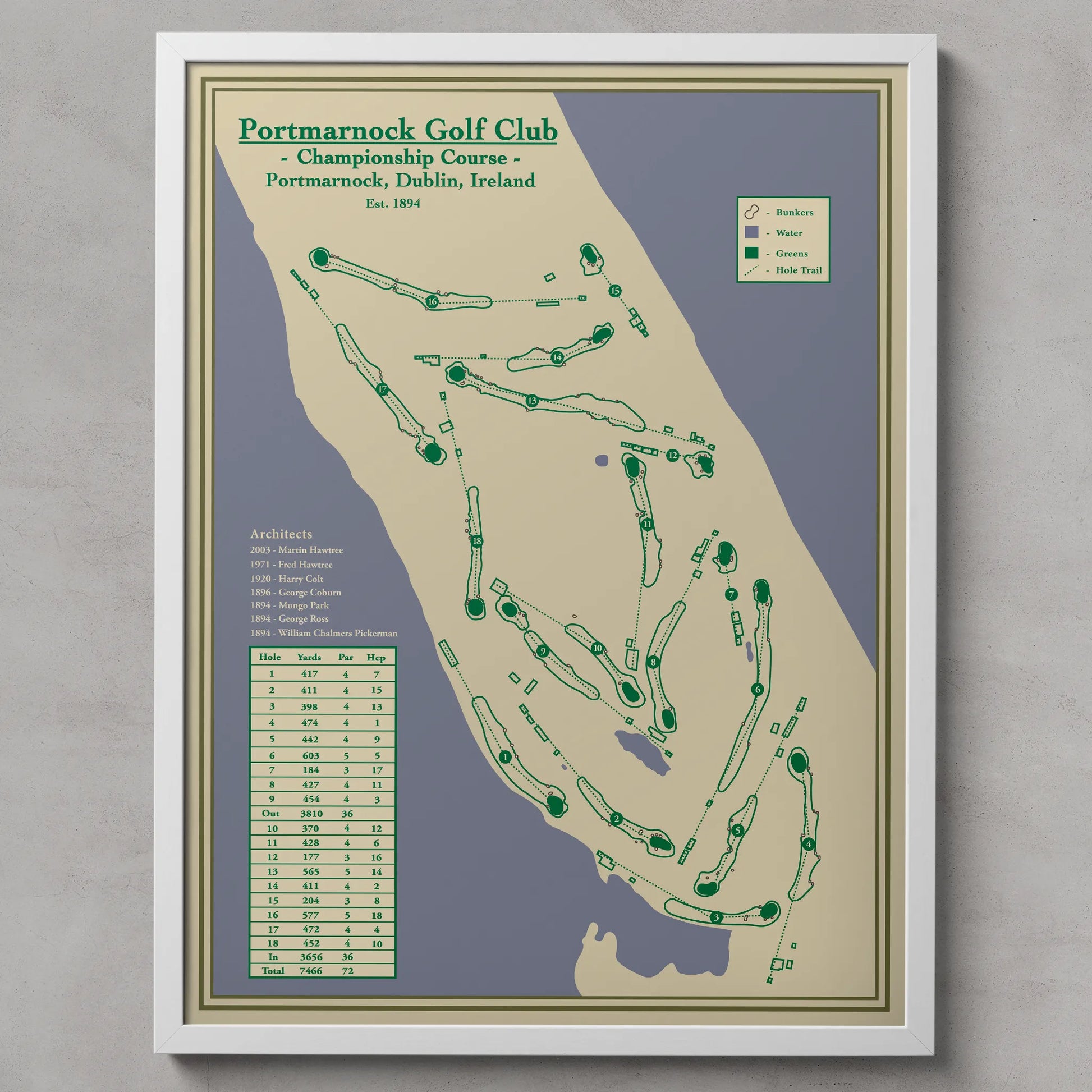 Map of Portmarnock Golf Club on a gray background in Dublin, Ireland