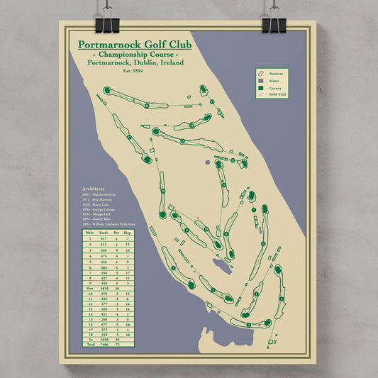 Golf Map Print of Portmarnock Golf Club on a gray wall