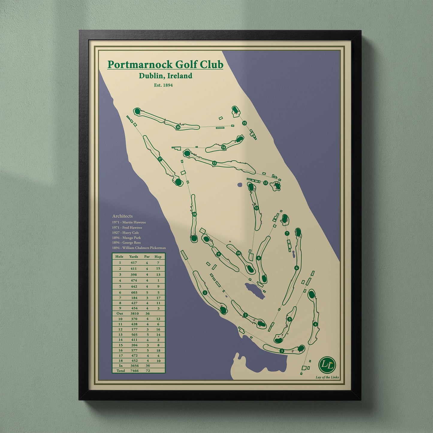 Framed Portmarnock Golf Club map in a black wood frame showing the historic championship routing on the peninsula
