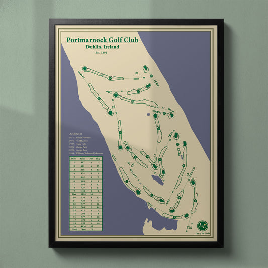 Framed Portmarnock Golf Club map in a black wood frame showing the historic championship routing on the peninsula