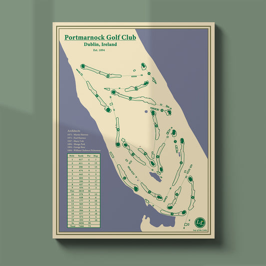 blueprint Portmarnock course map poster print showing the full 18 holes bordered by water on three sides.
