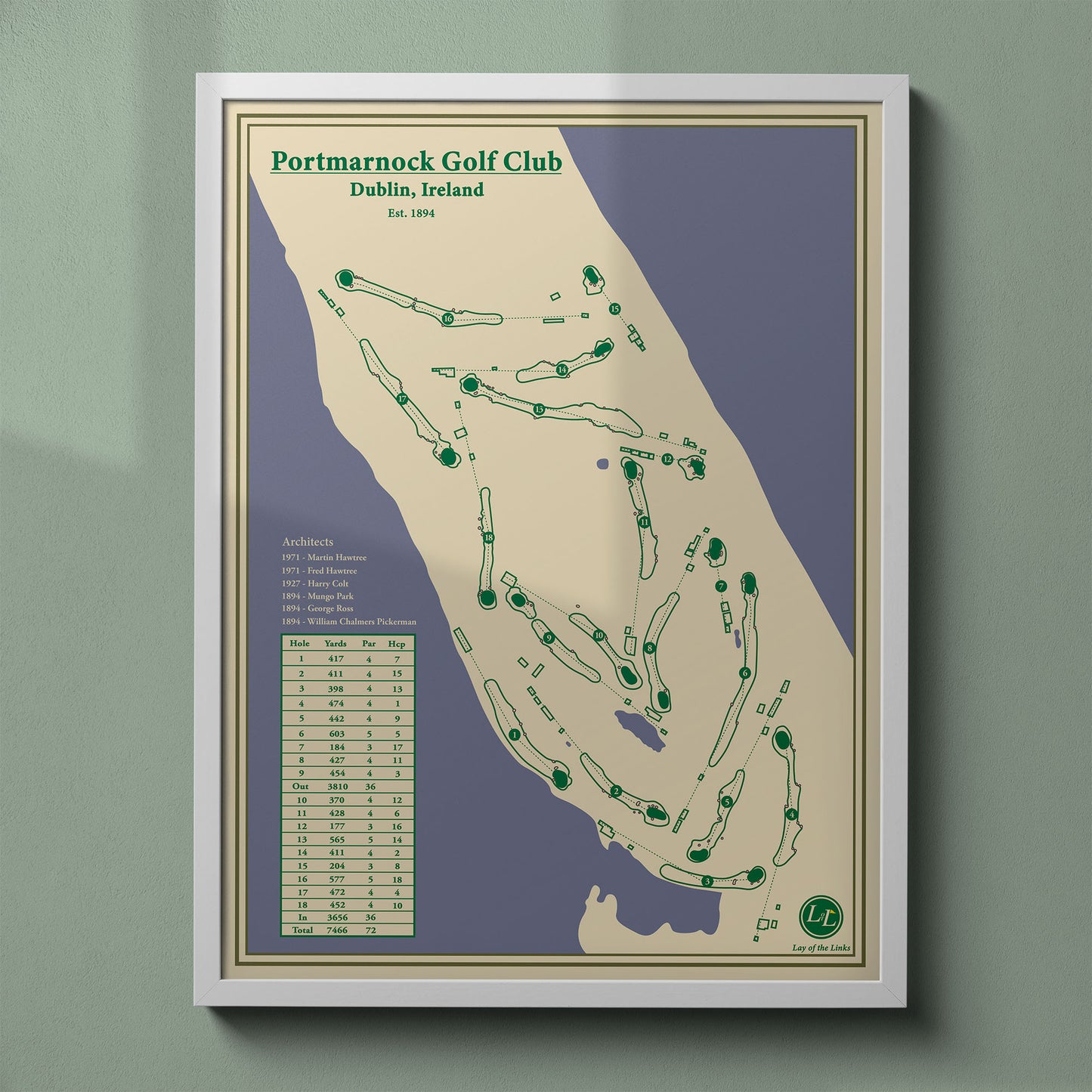 Portmarnock Golf Club map print in a white frame, featuring the premier links course near Dublin, Ireland.