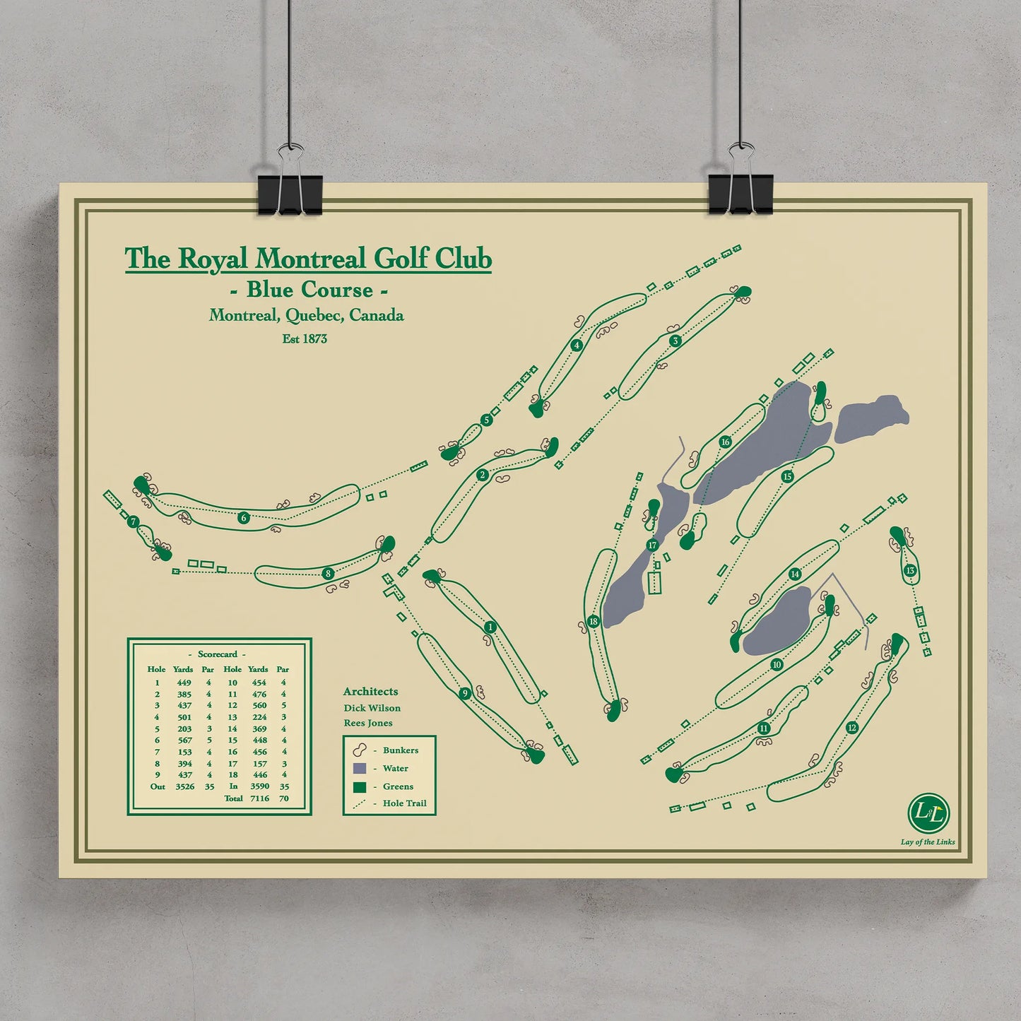 Royal Montreal Blue course map poster print showing the classic parkland routing on Ile Bizard.