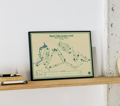 A framed golf course map print for 'Shady Oaks Country Club' 