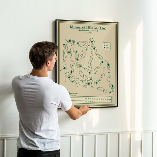 Golf course map of Shinnecock Hills Golf Club on wall