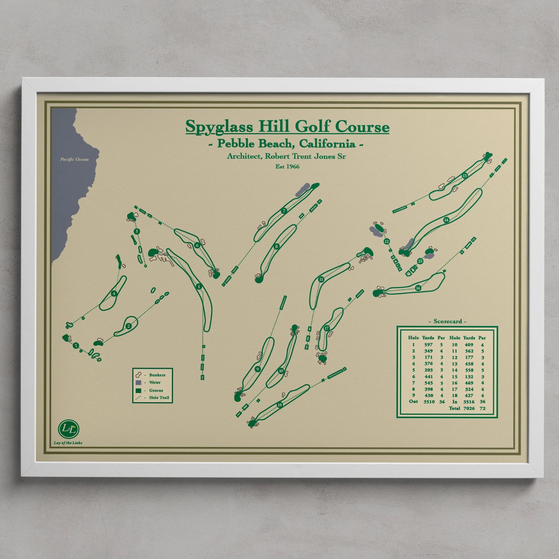 Framed map of Spyglass Hill Golf Course at Pebble Beach, California on a beige background.
