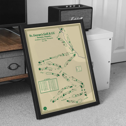 golf course map of st george's golf club on a desk with a Marshall speaker in the background