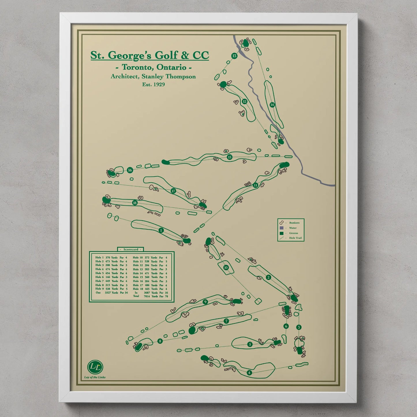 Framed map of St. George's Golf & CC in Toronto, Ontario on a beige background