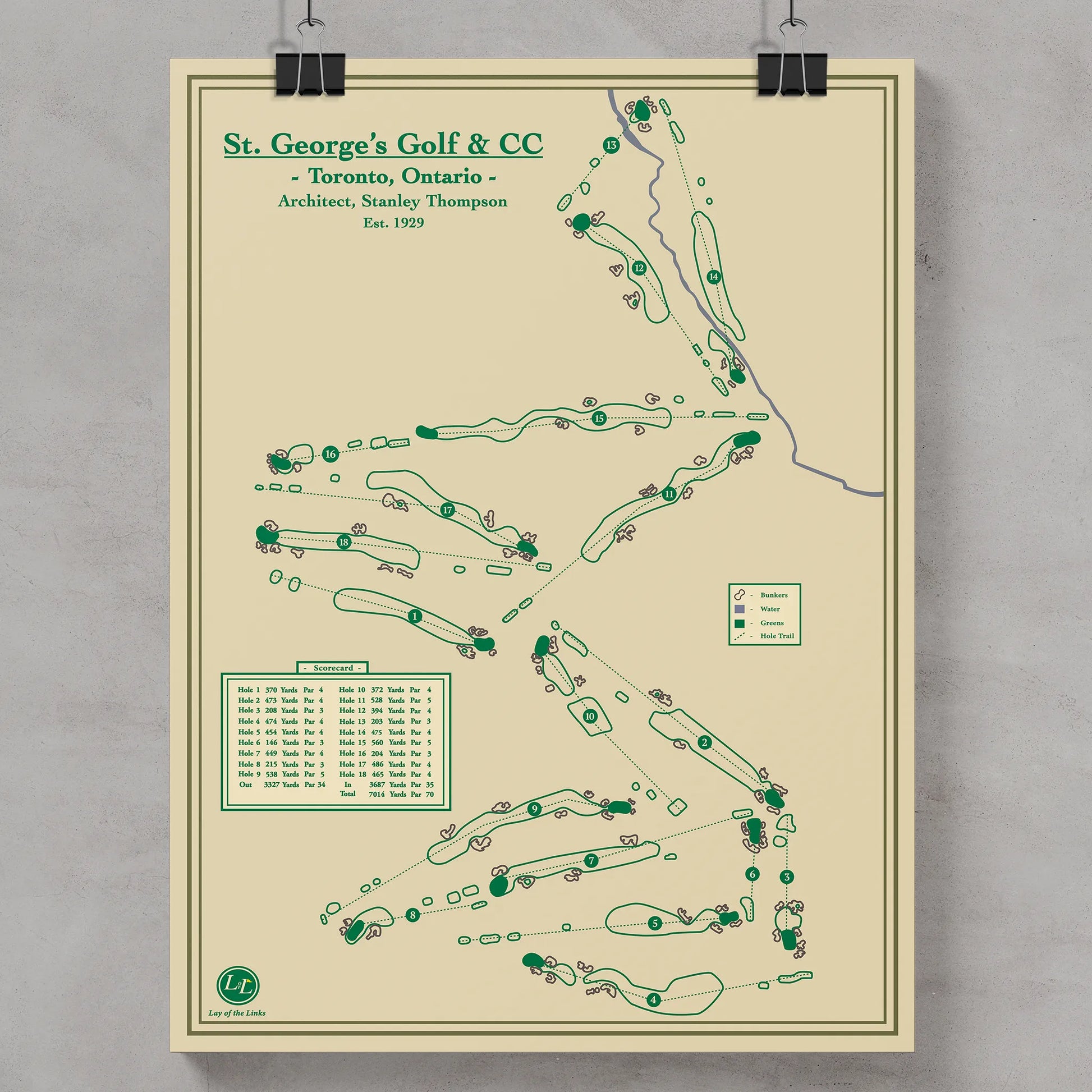Golf course map of St. George's Golf & CC in Toronto, Ontario, on a beige background.