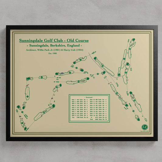 Framed Course map of Sunningdale Golf Club's Old Course on a beige background