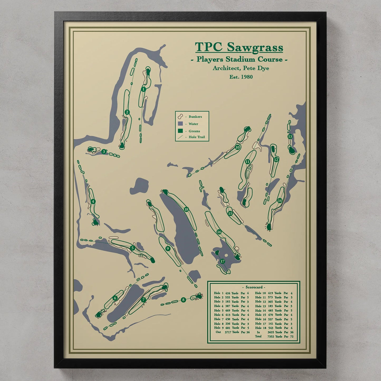 Framed map of TPC Sawgrass Players Stadium Course on a beige background