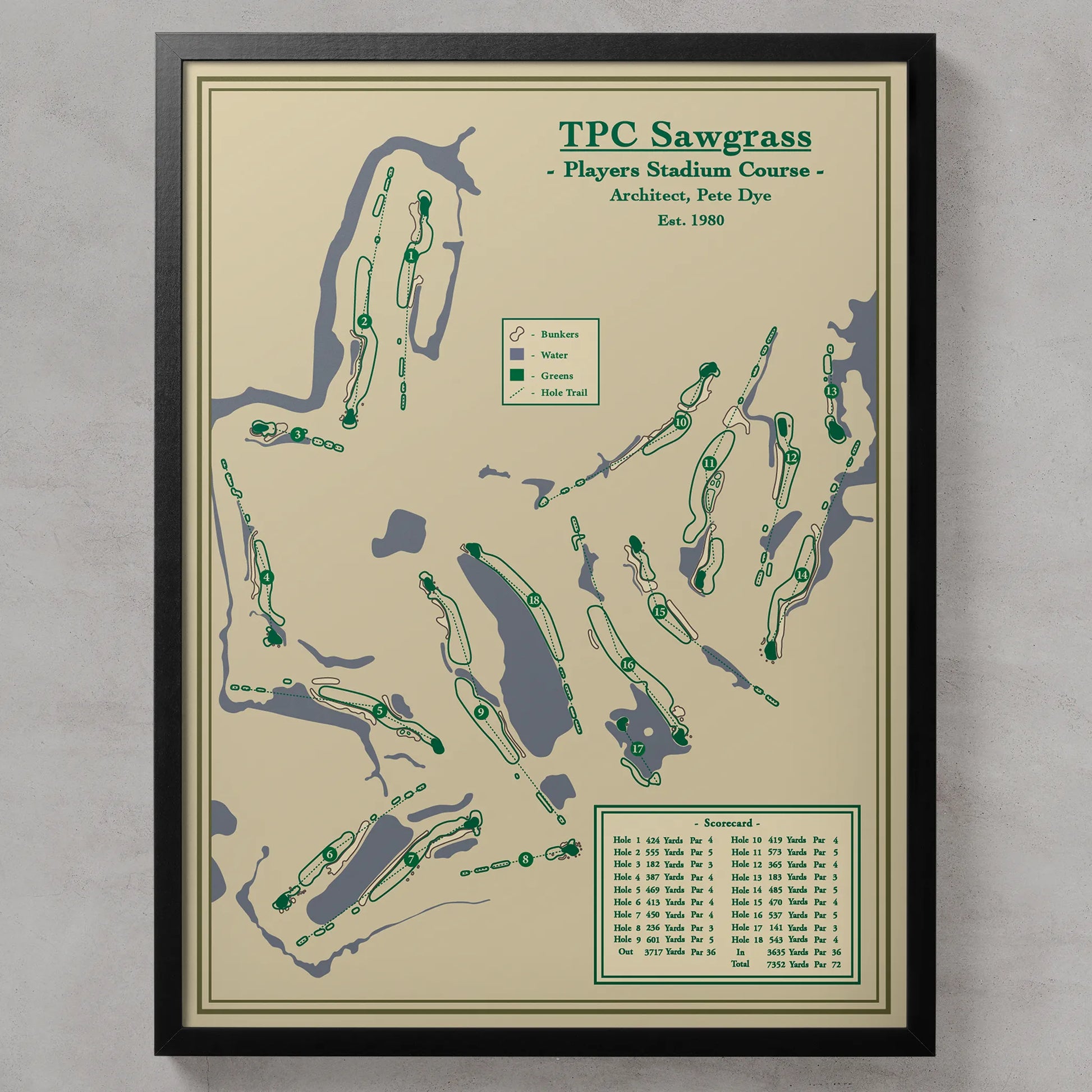 Framed map of TPC Sawgrass Players Stadium Course on a beige background