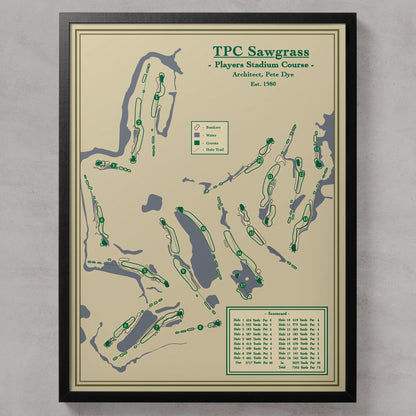 Framed map of TPC Sawgrass Players Stadium Course on a beige background