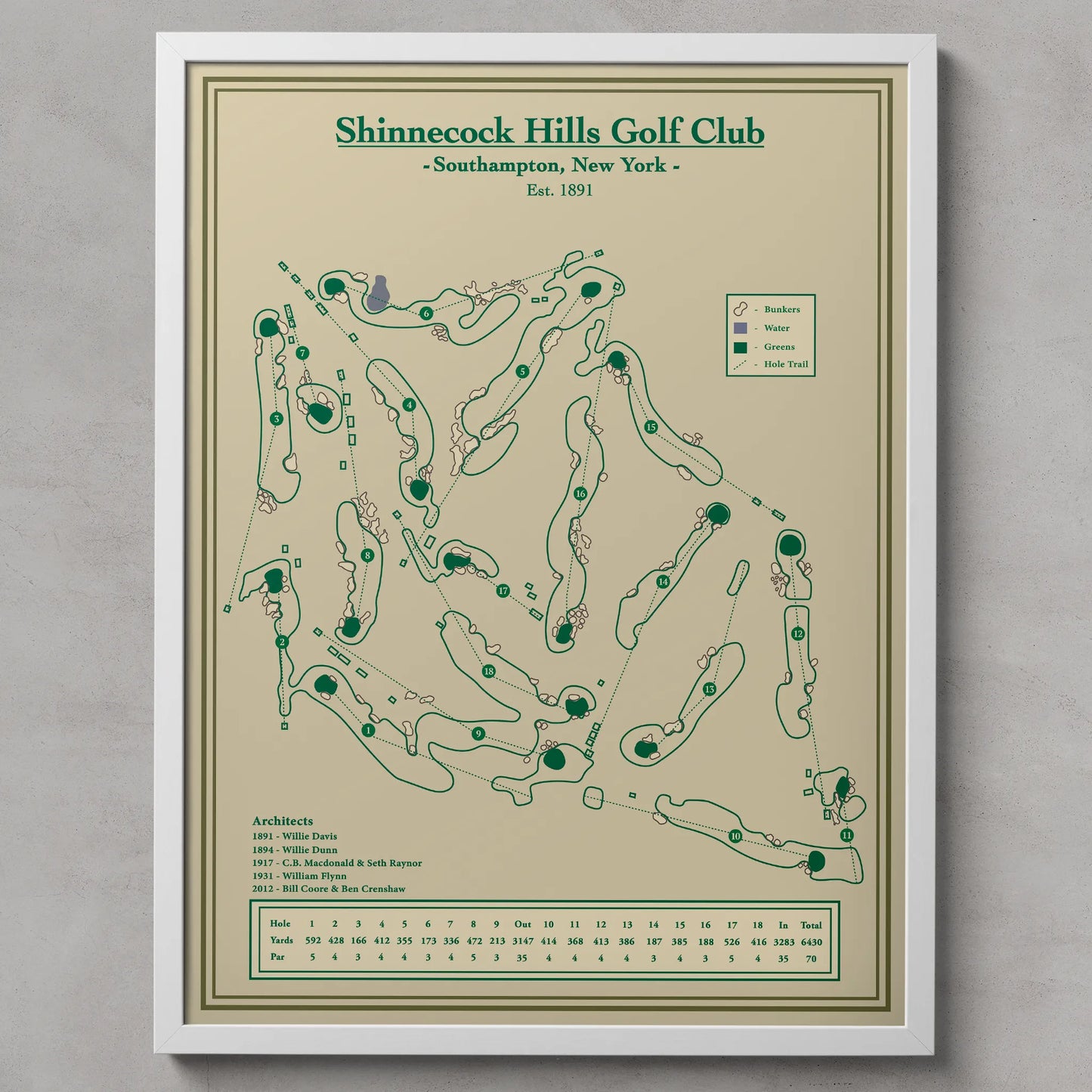 Framed map of Shinnecock Hills Golf Club on a beige background
