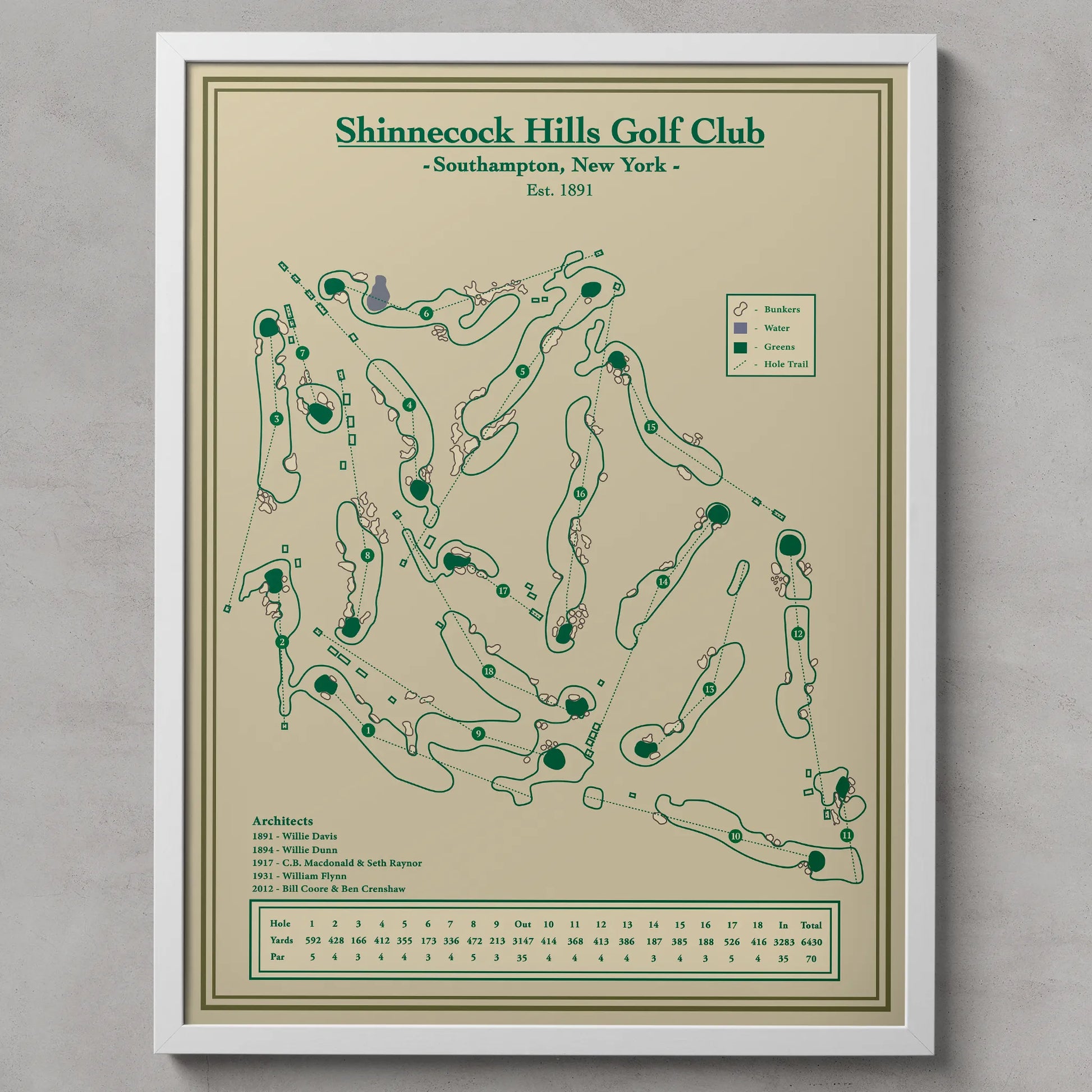 Framed map of Shinnecock Hills Golf Club on a beige background
