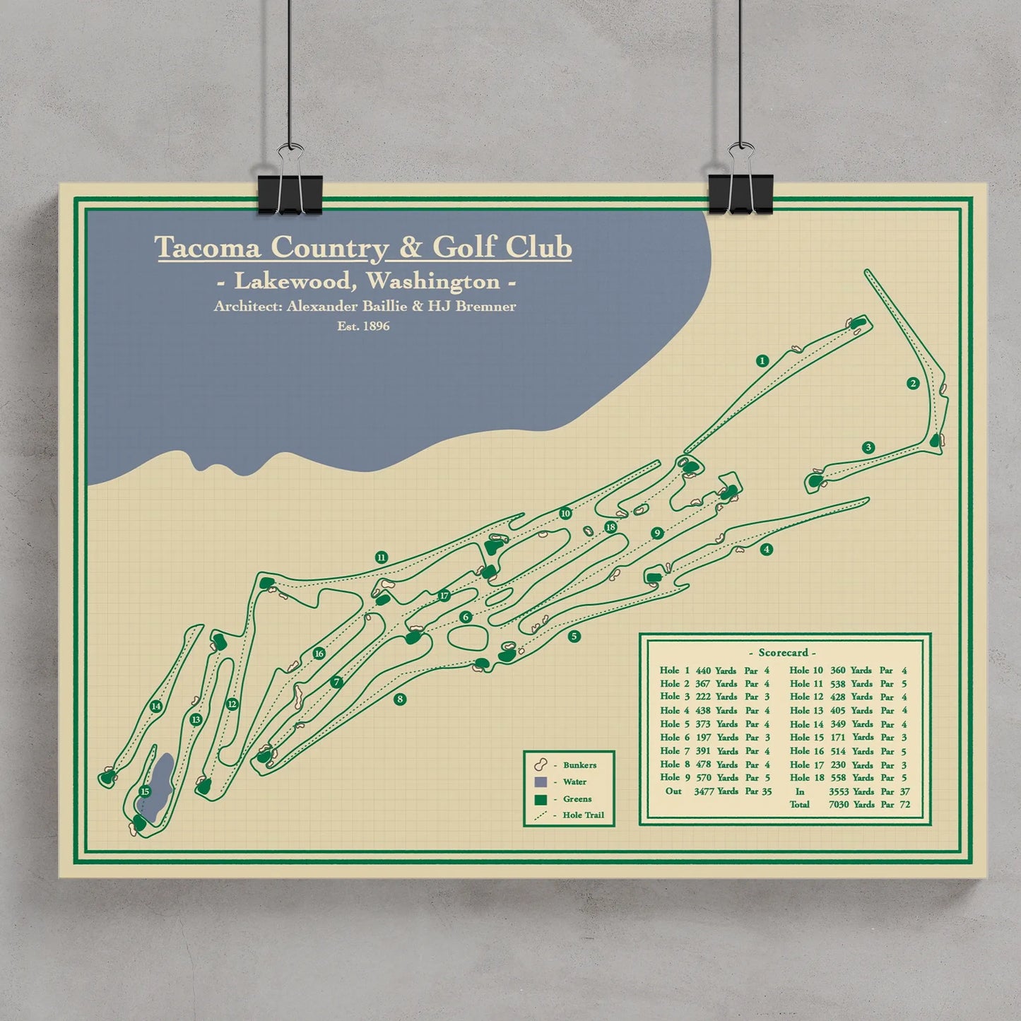 A vintage-style golf map poster of Tacoma Country & Golf Club in Lakewood, Washington