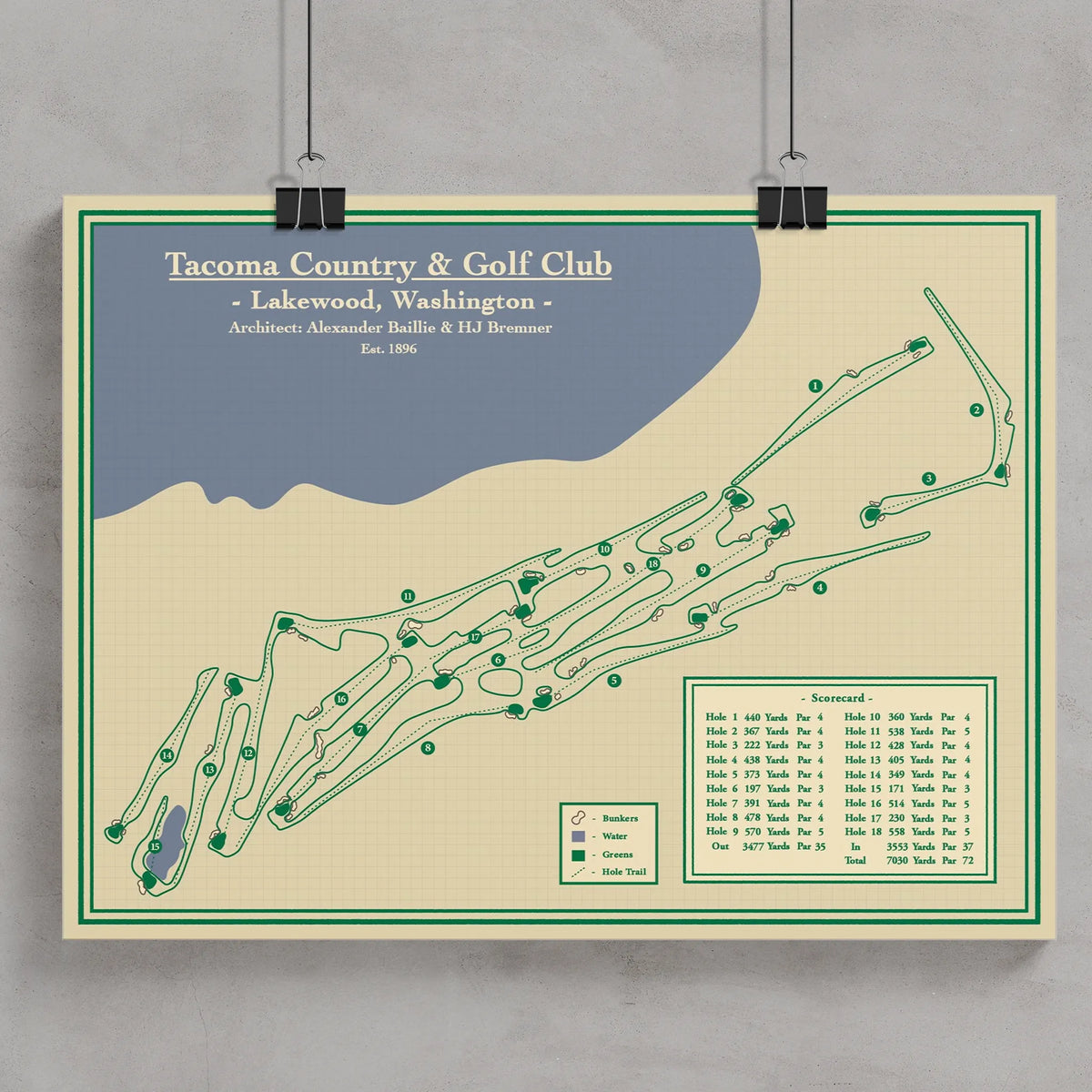 A vintage-style golf map poster of Tacoma Country & Golf Club in Lakewood, Washington