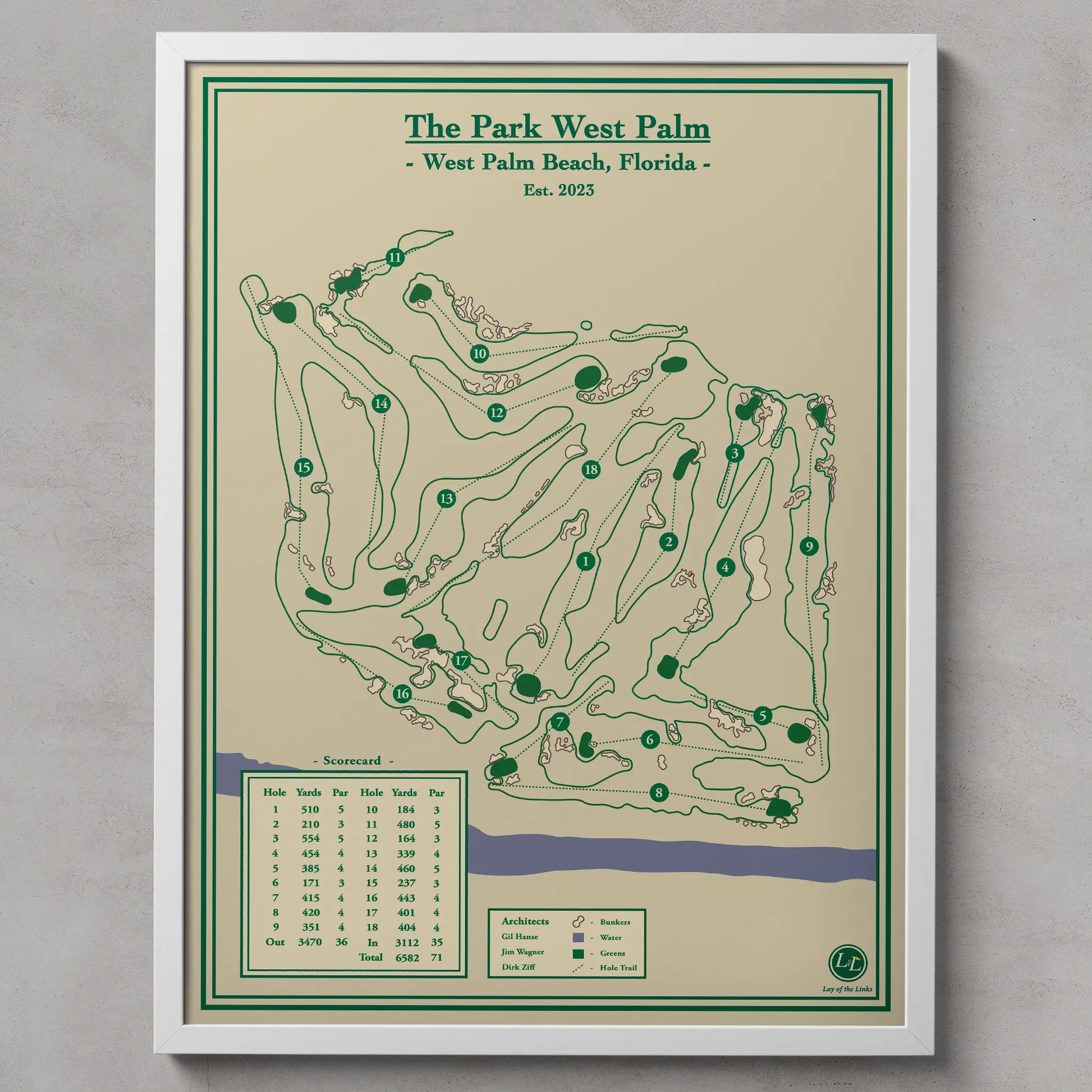 The Park West Palm map print in a white frame, featuring the premier public course in West Palm Beach, Florida.