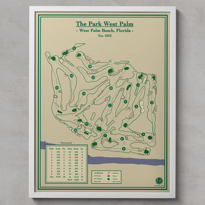The Park West Palm map print in a white frame, featuring the premier public course in West Palm Beach, Florida.