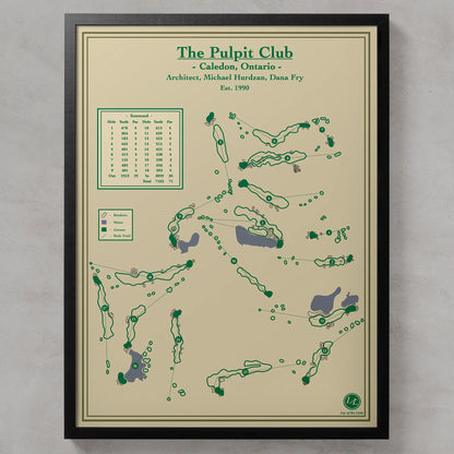 Framed map of The Pulpit Club golf course in Caledon, Ontario on a beige background.