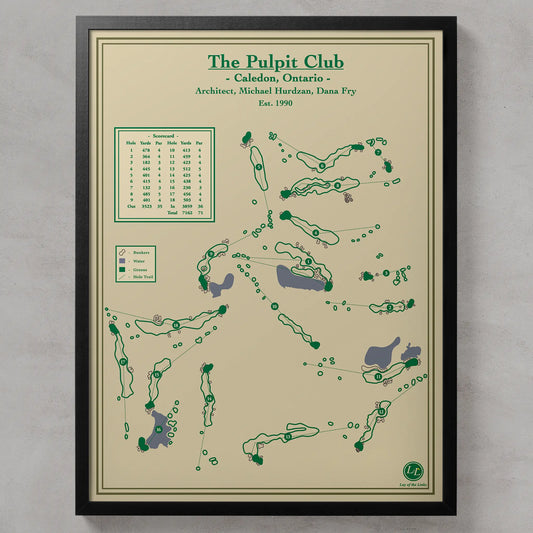Framed map of The Pulpit Club golf course in Caledon, Ontario on a beige background.