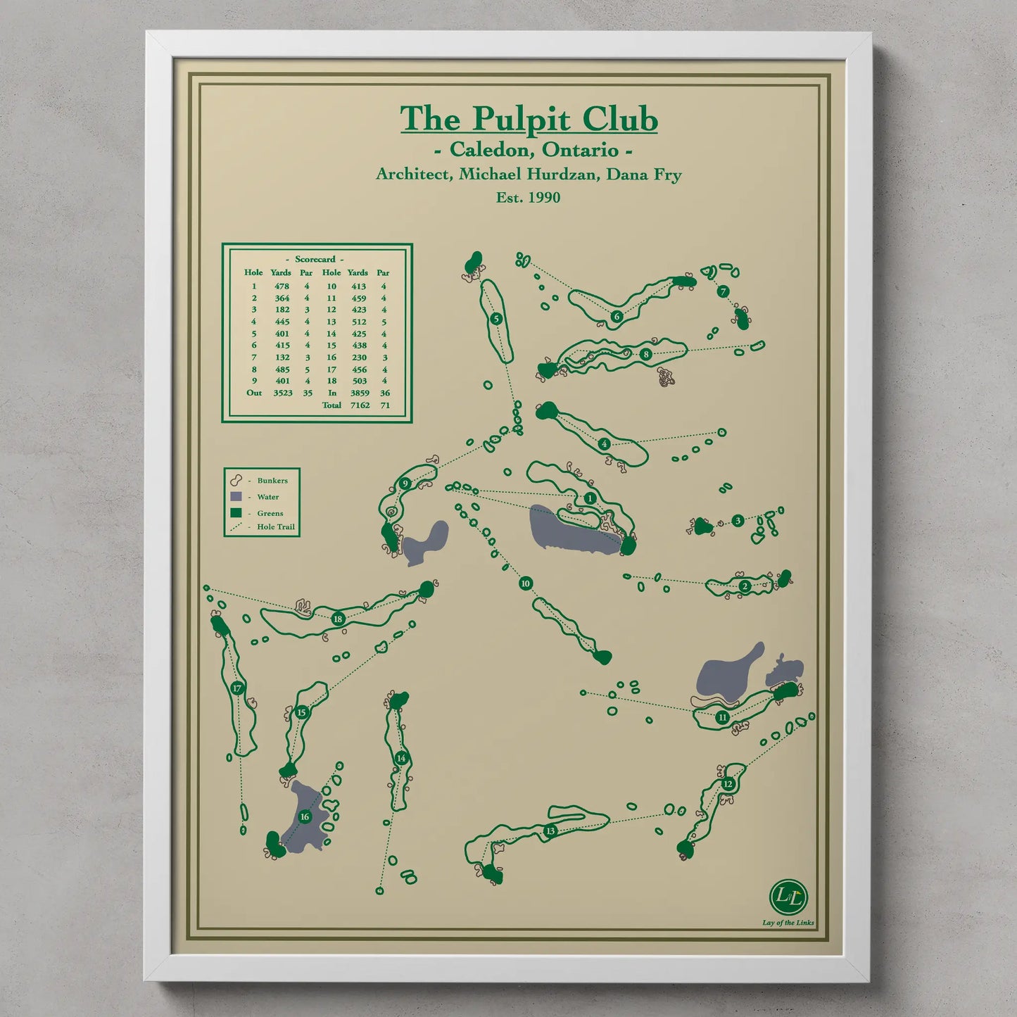 Framed golf course map of The Pulpit Club in Caledon, Ontario on a beige background.