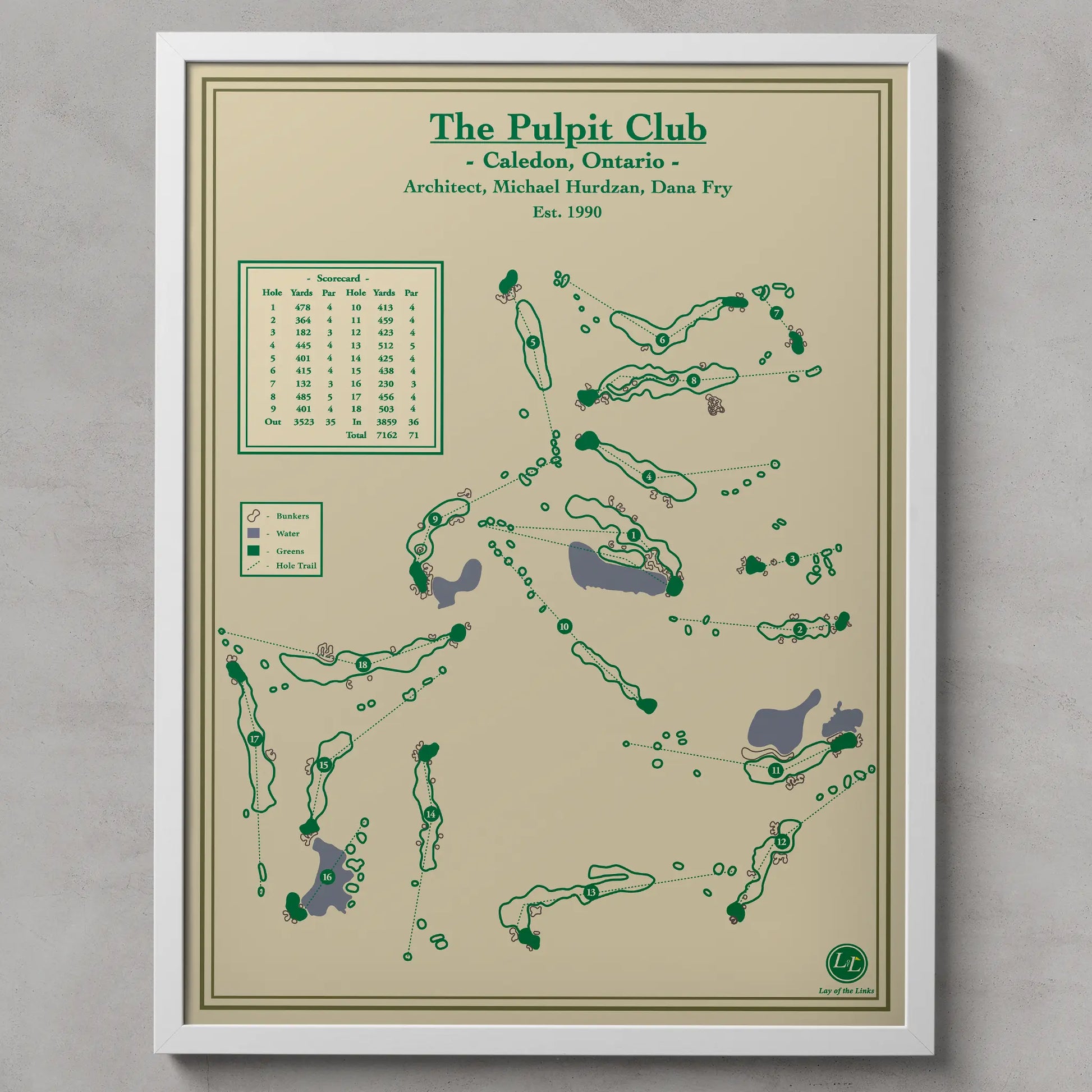 Framed golf course map of The Pulpit Club in Caledon, Ontario on a beige background.