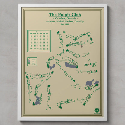 Framed golf course map of The Pulpit Club in Caledon, Ontario on a beige background.