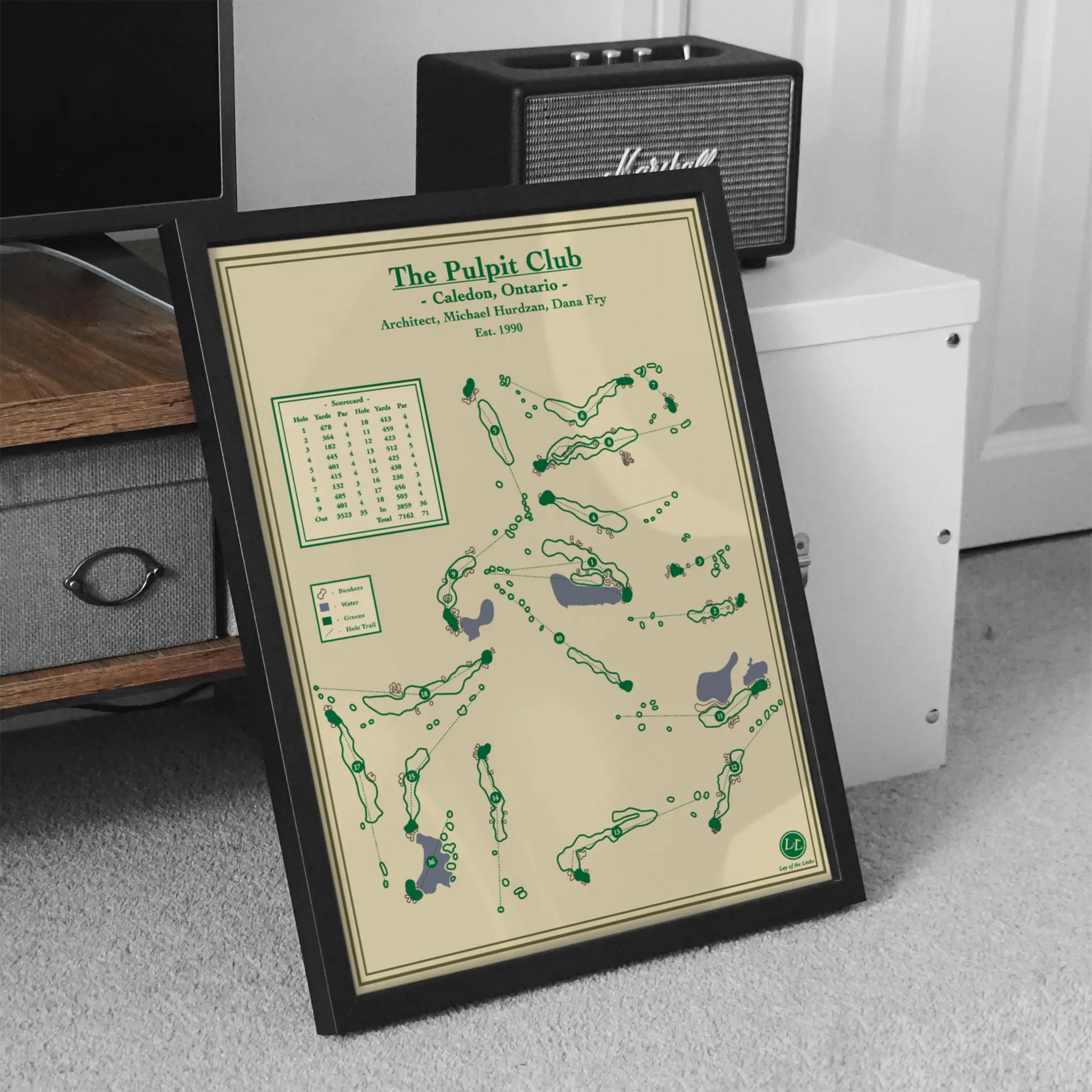 Framed map of The Palpy Club on a carpeted floor with a Marshall amplifier in the background.