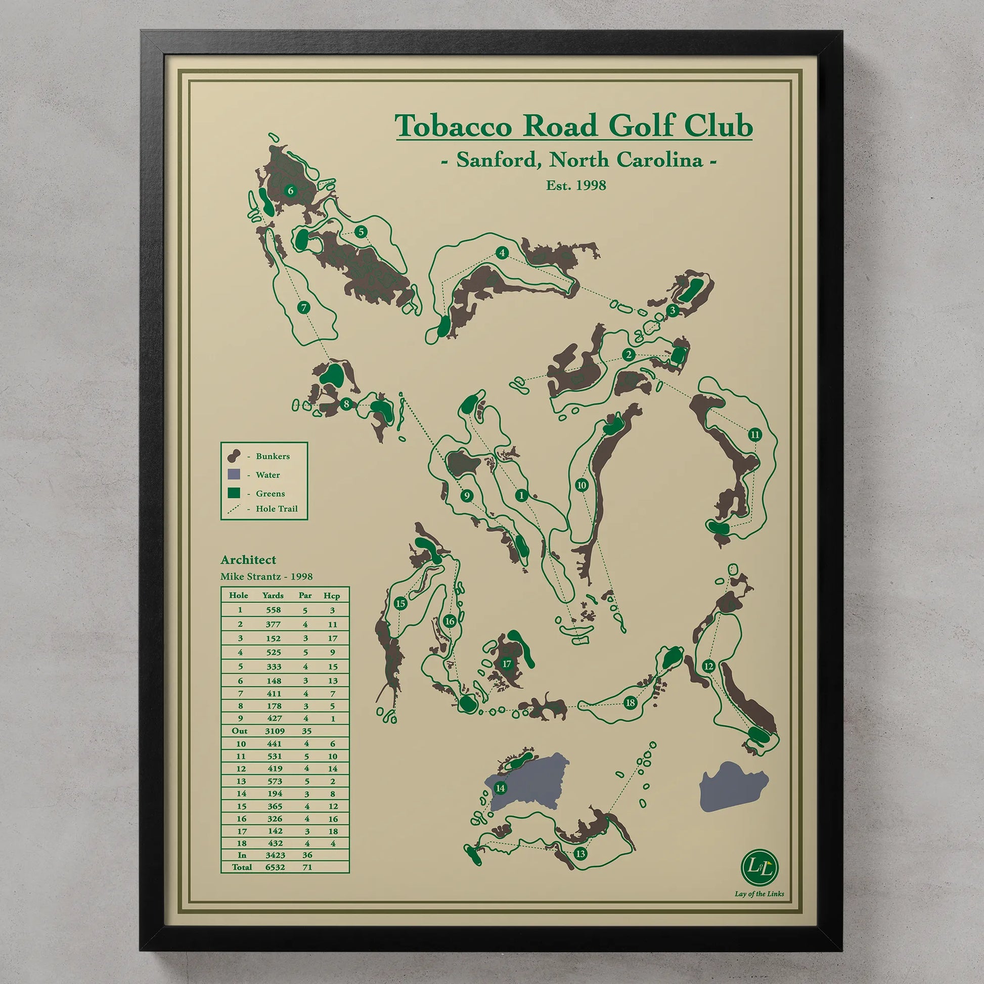 Framed map of Tobacco Road Golf Club with green and brown design on a beige background