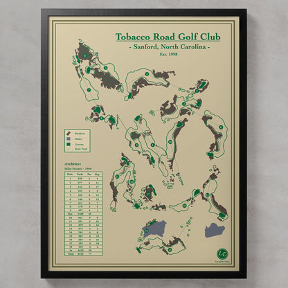 Framed map of Tobacco Road Golf Club with green and brown design on a beige background
