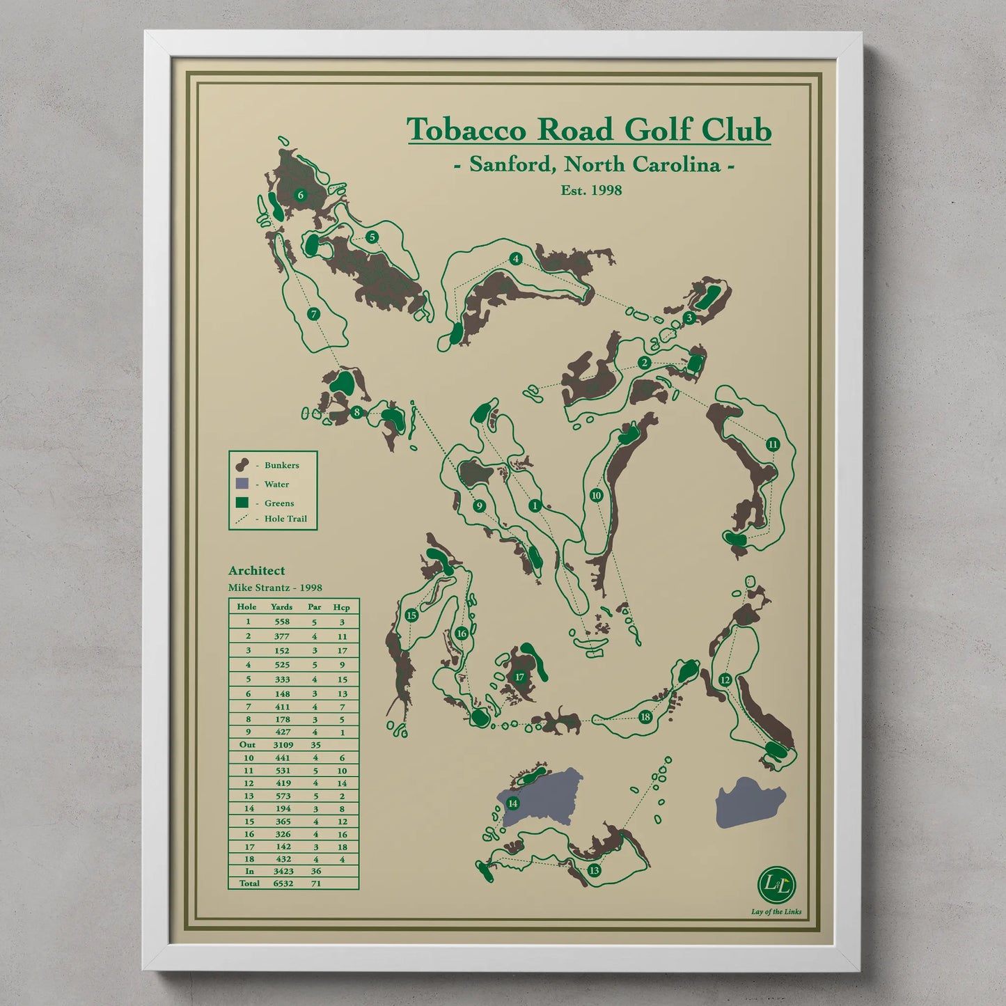 Map of Tobacco Road Golf Club with green and brown colors on a beige background
