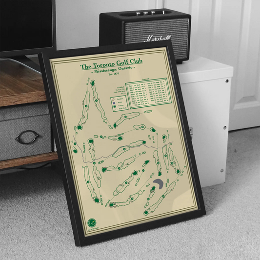 Framed map of The Toronto Golf Club on a carpeted floor with a Marshall amplifier in the background.