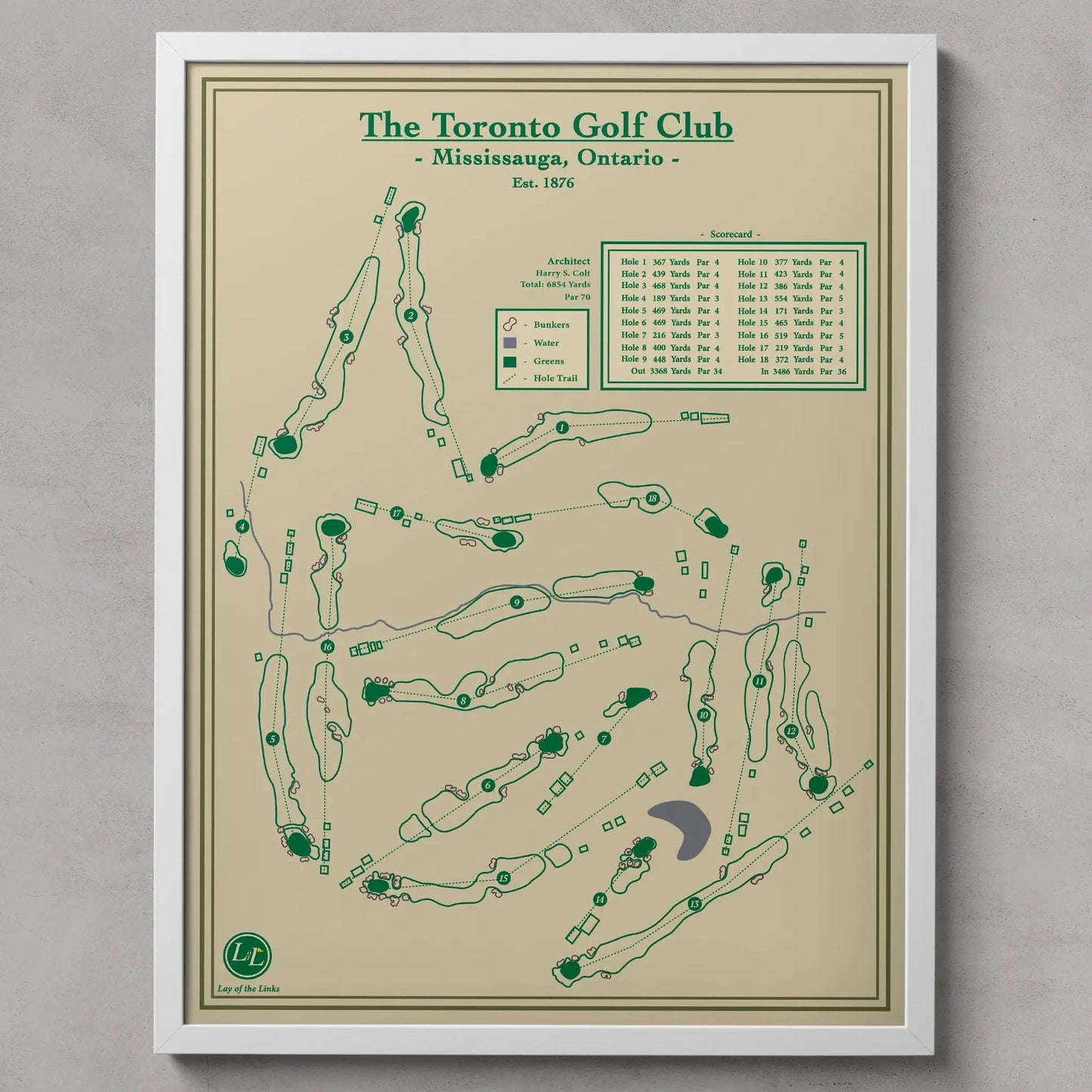 Map of The Toronto Golf Club with green text and lines on a beige background