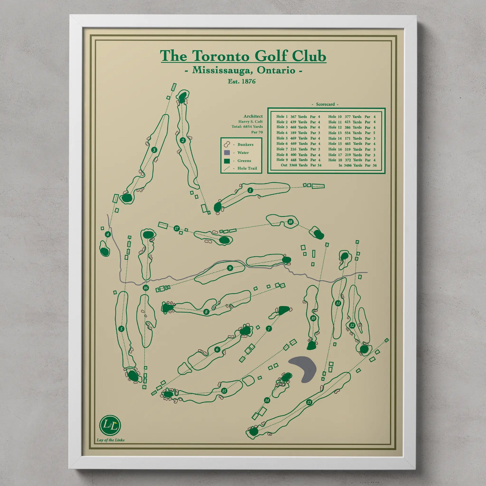 Map of The Toronto Golf Club with green text and lines on a beige background