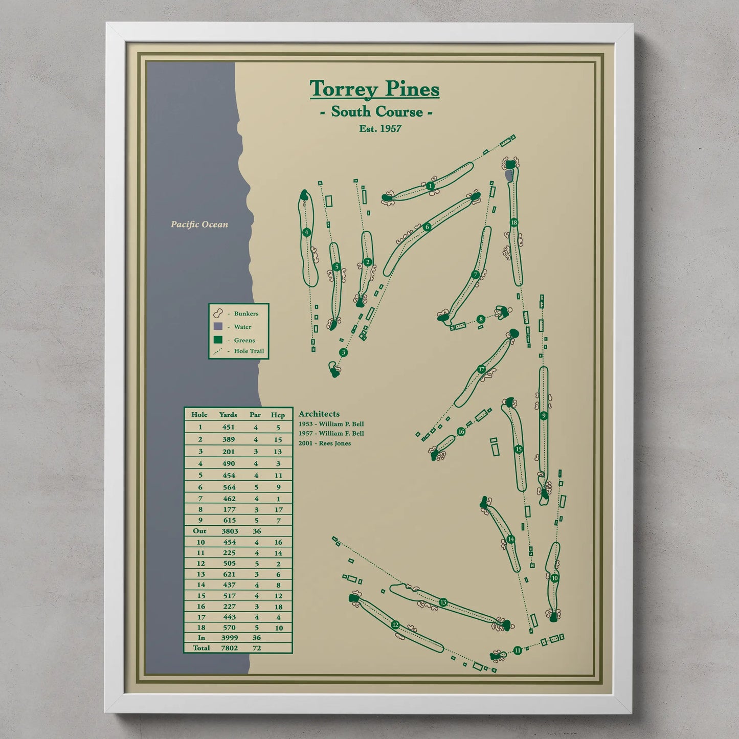 Torrey Pines South Course Map Print - Golf Art - White Frame
