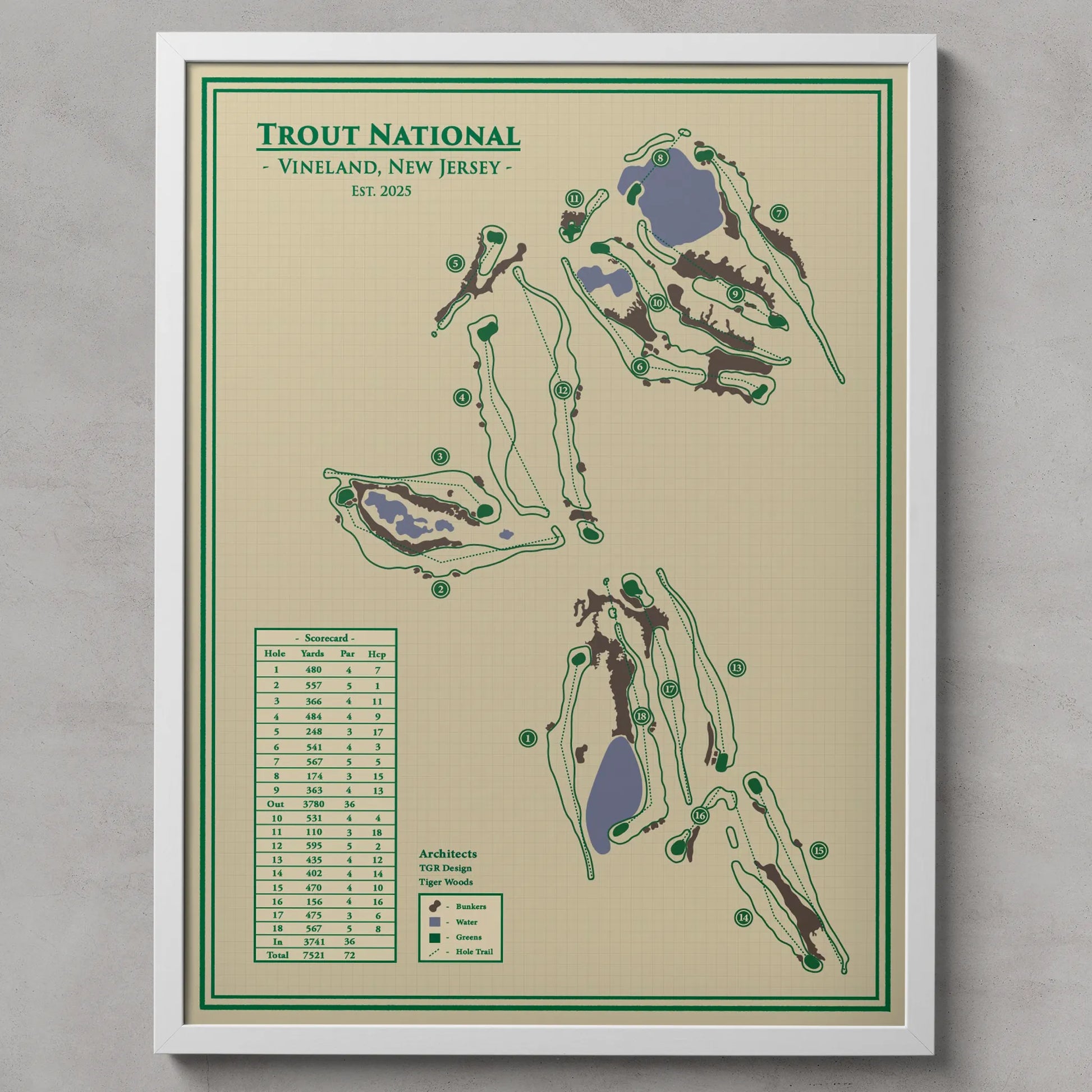 A framed Trout National golf course map print