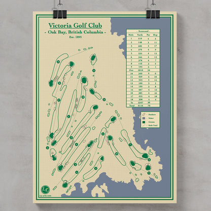 A vintage-style Victoria Golf Club map print clipped to a gray wall. The print features green golf hole layouts and a hole measurement table on a cream background with a muted blue-gray coastal outline.
