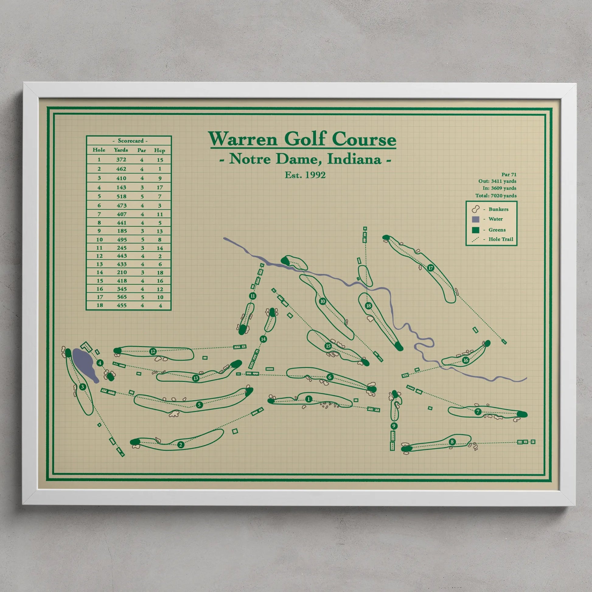Warren Golf Course in Notre Dame, Indiana - Golf Map Print